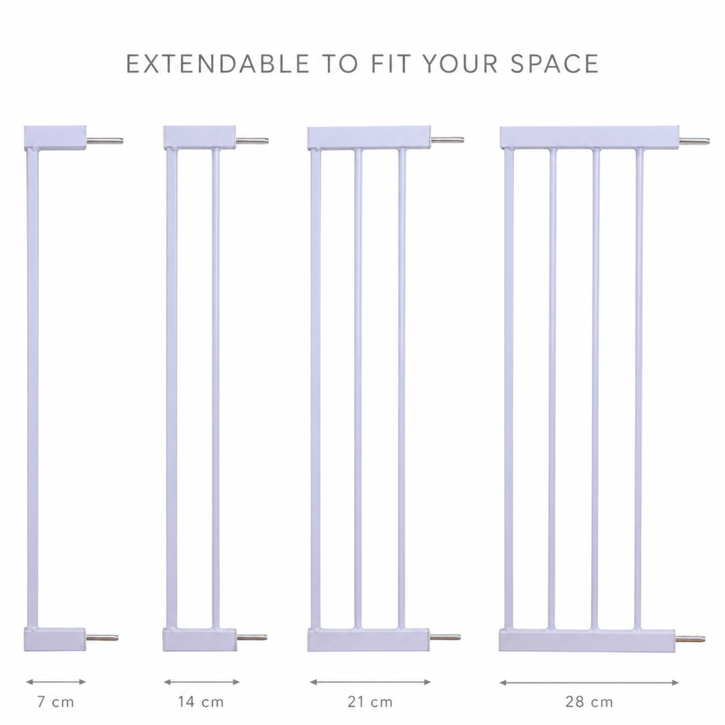 ARTIC baby gate extension panels showing four sizes 7cm 14cm 21cm and 28cm on white background
