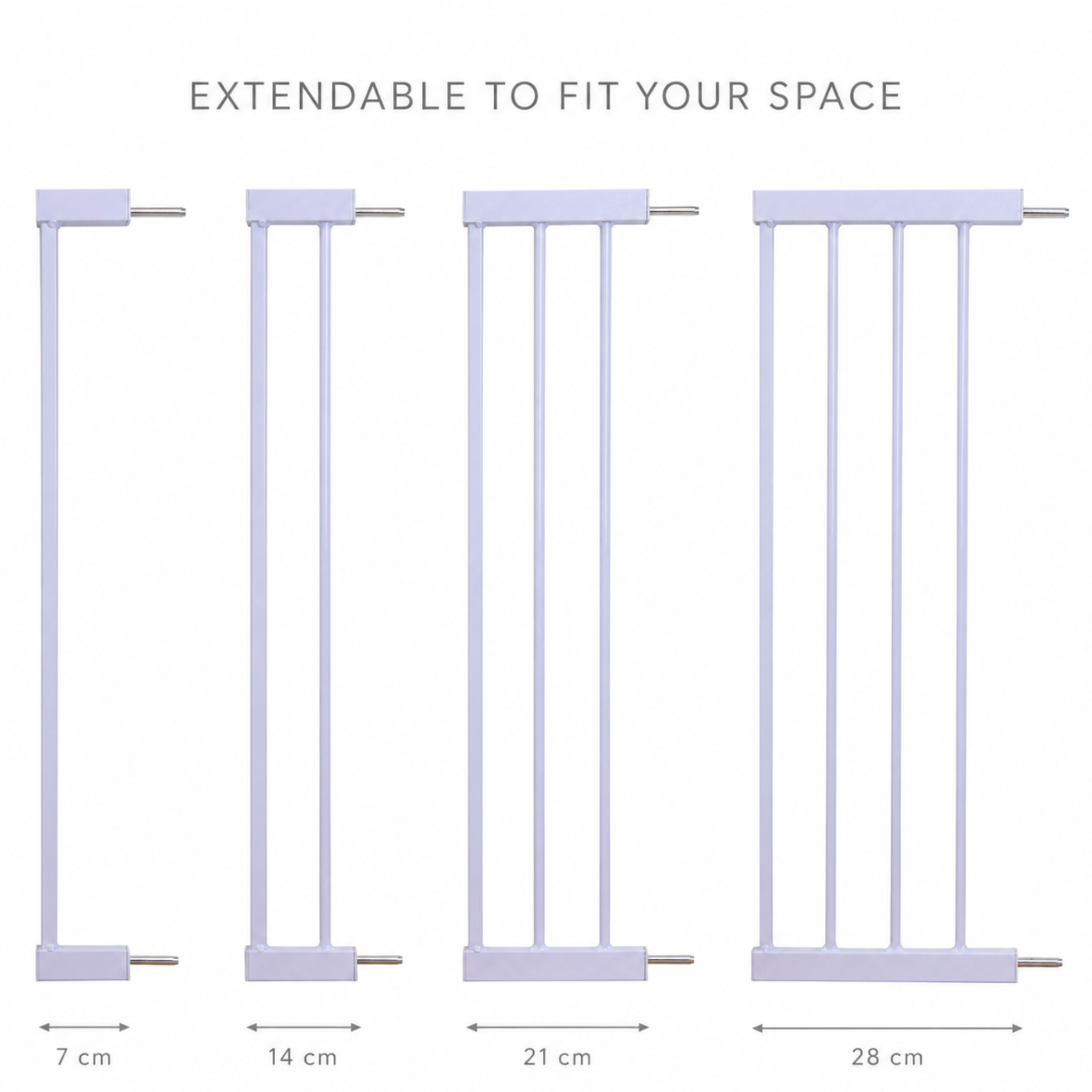 ARTIC baby gate extension panels showing four sizes 7cm 14cm 21cm and 28cm on white background
