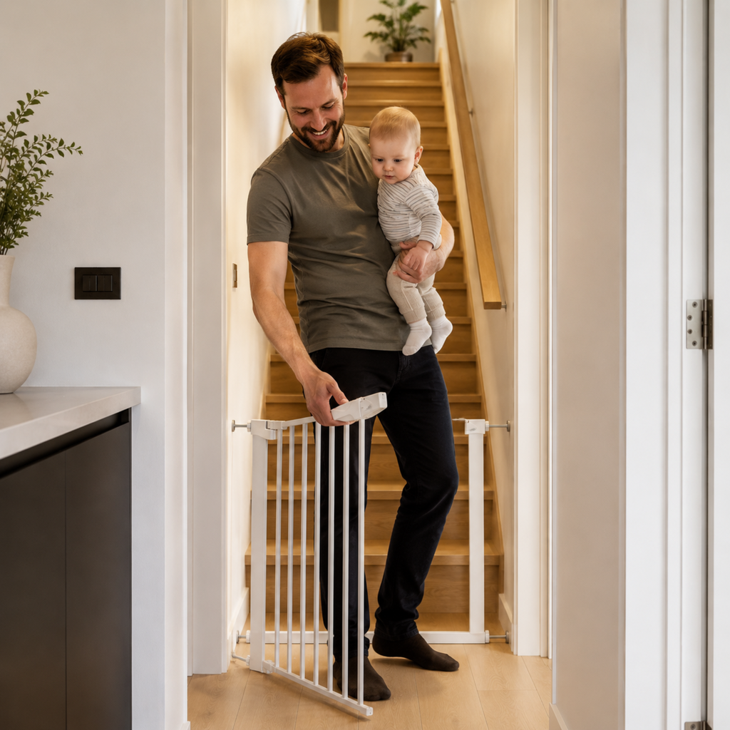 Father holding baby while opening ARTIC white baby safety gate at bottom of stairs in family home