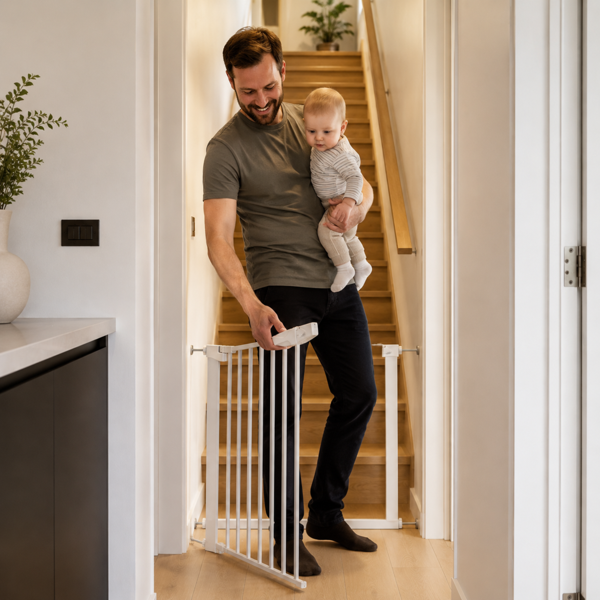 Father holding baby while opening ARTIC white baby safety gate at bottom of stairs in family home