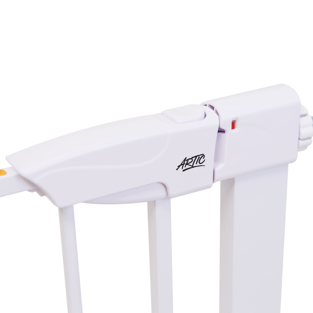 ARTIC baby safety gate close-up of double lock mechanism with red open indicator on white background