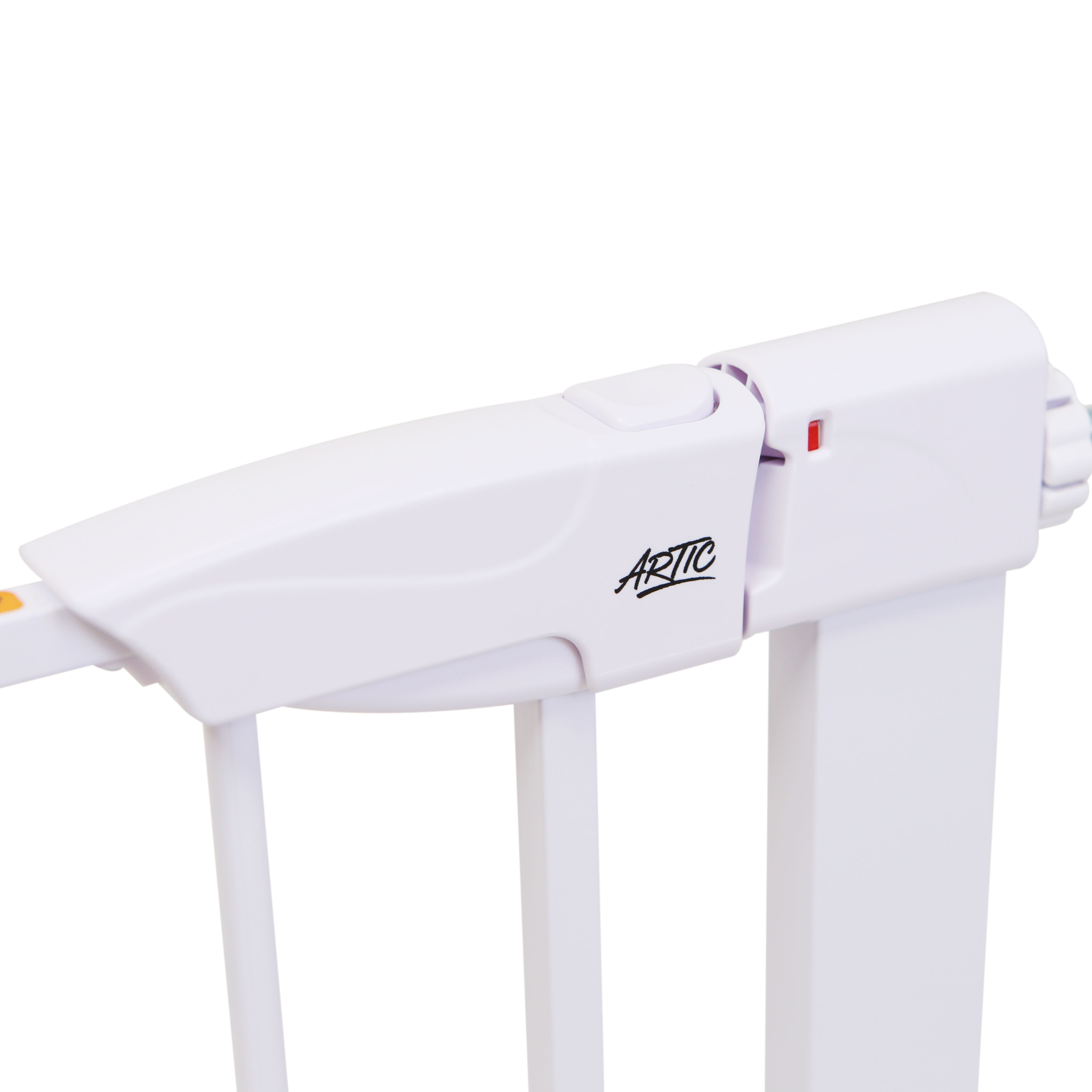 ARTIC baby safety gate close-up of double lock mechanism with red open indicator on white background