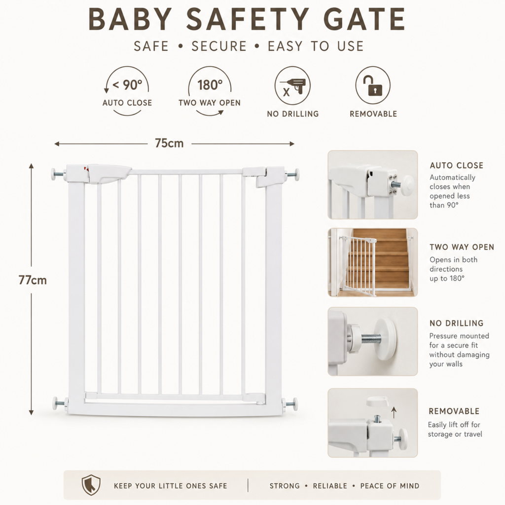 ARTIC baby safety gate features infographic showing 75cm width 77cm height auto close two way open no drilling and removable pressure mount