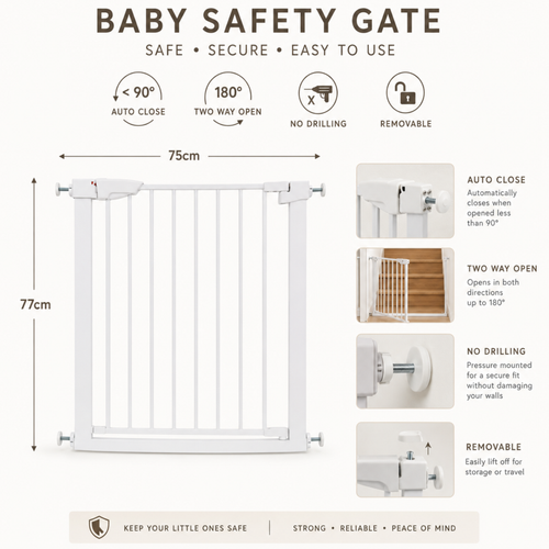 ARTIC baby safety gate features infographic showing 75cm width 77cm height auto close two way open no drilling and removable pressure mount