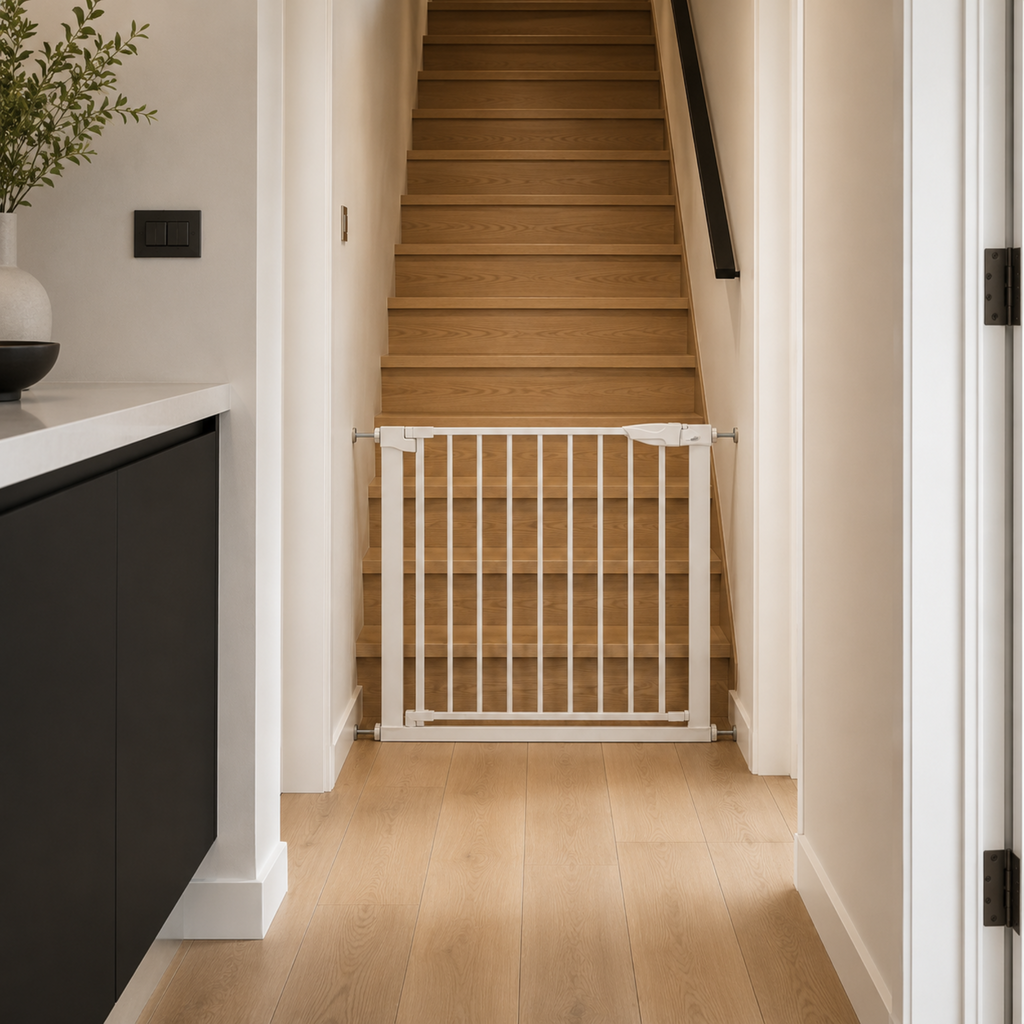 ARTIC white baby safety gate installed at bottom of staircase in modern minimalist home hallway