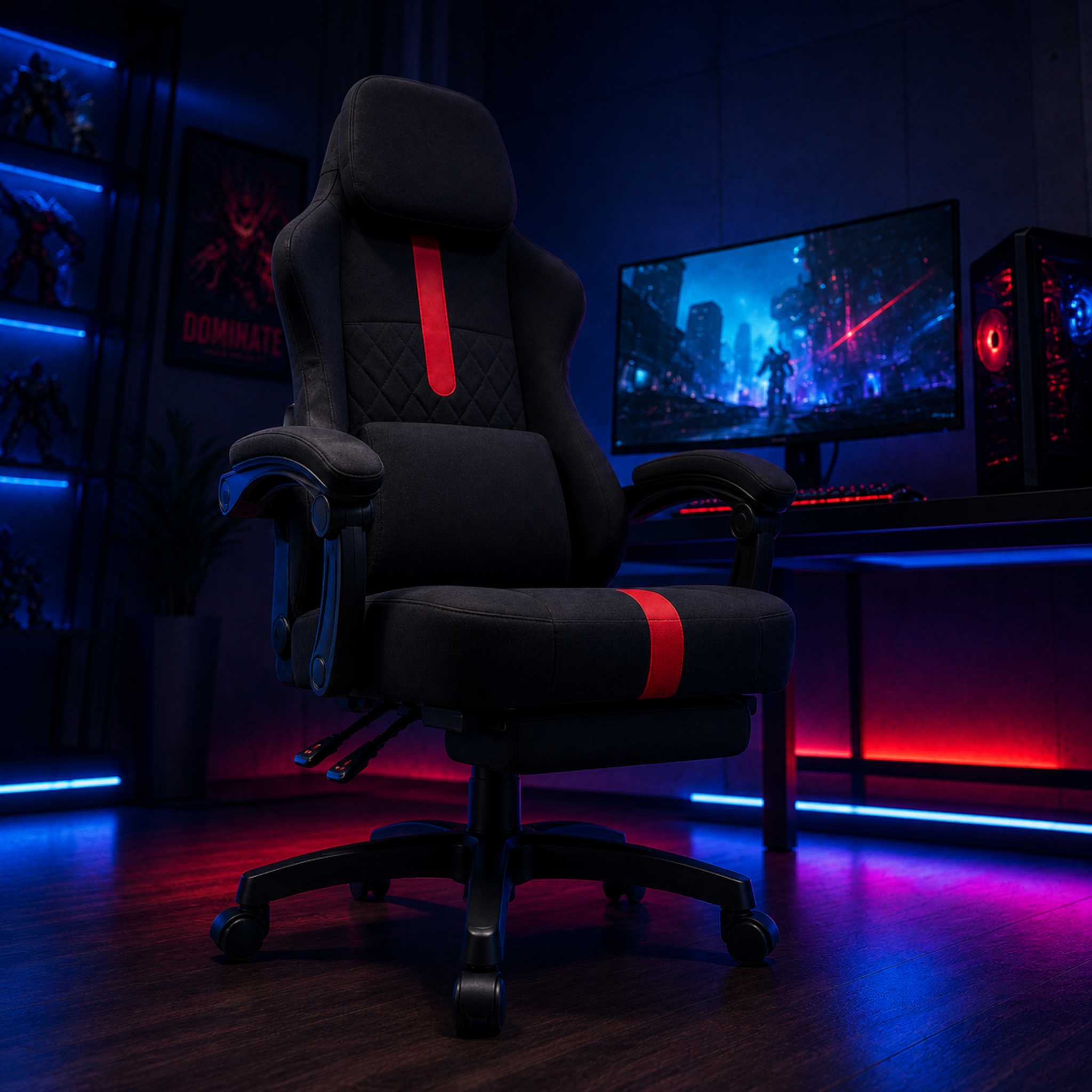 ARTIC black and red gaming chair in dark gaming room with blue and red RGB floor lighting