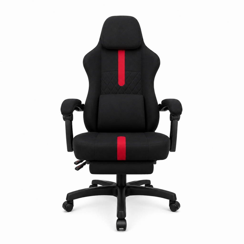 ARTIC black gaming chair with red accent stripe and retractable footrest front view