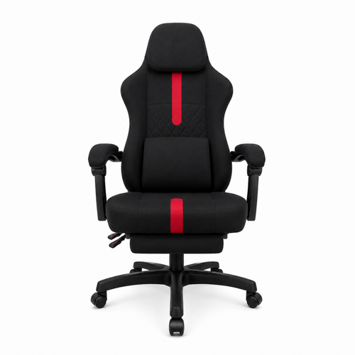 ARTIC black gaming chair with red accent stripe and retractable footrest front view