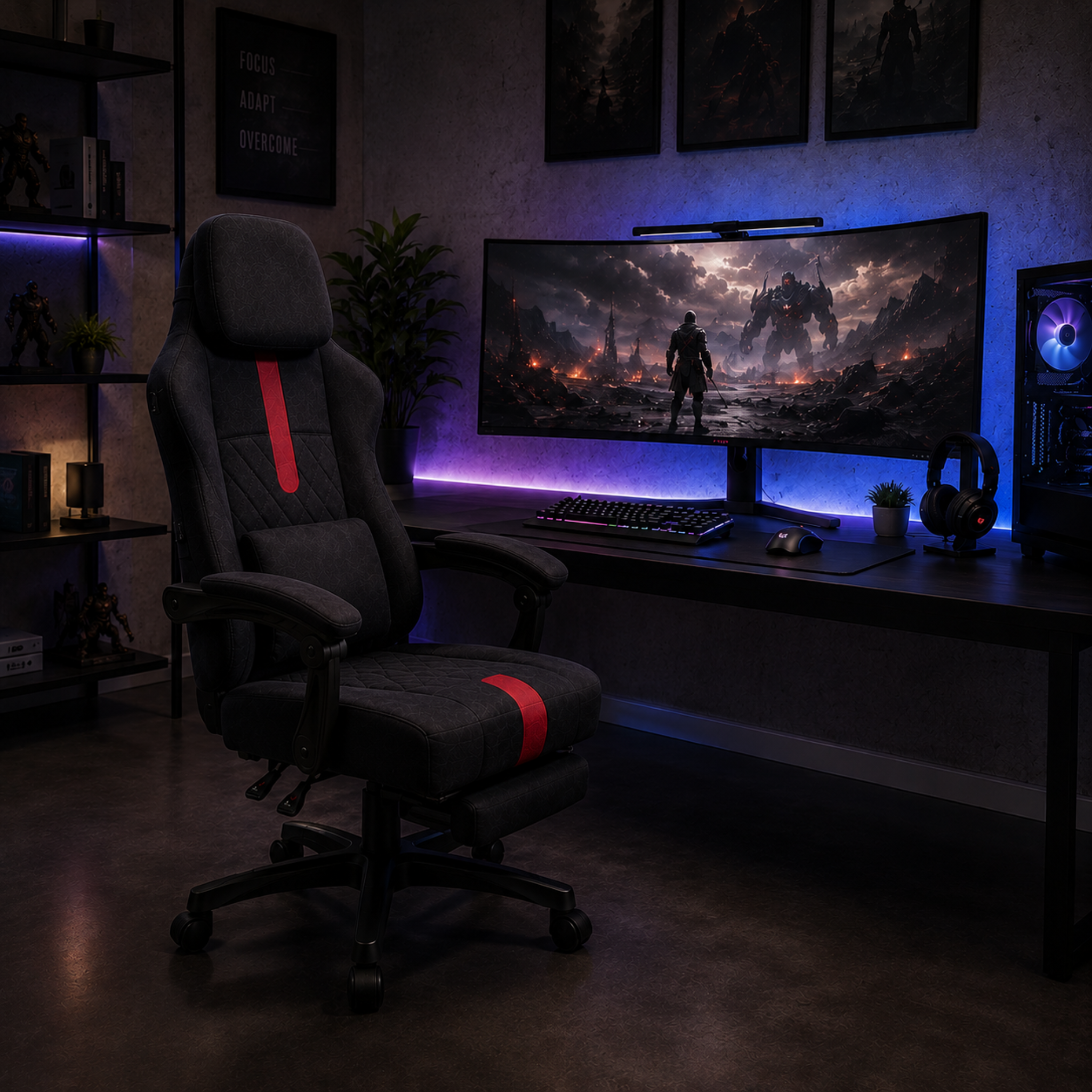 ARTIC black and red gaming chair at RGB lit gaming desk with ultrawide monitor