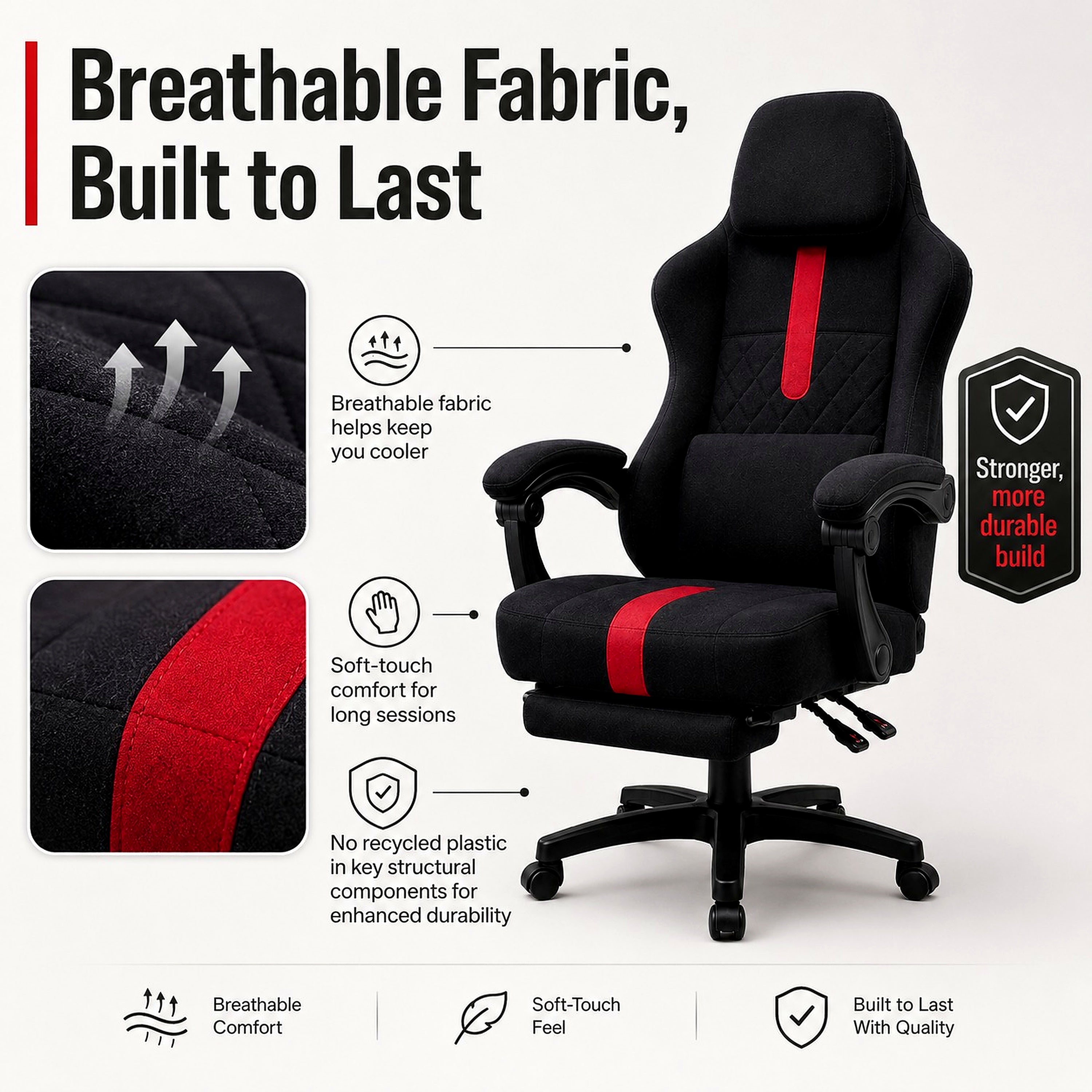 ARTIC Gaming Chair with Footrest (Black) — Racing Style, Breathable Fabric, Lumbar & Neck Pillow