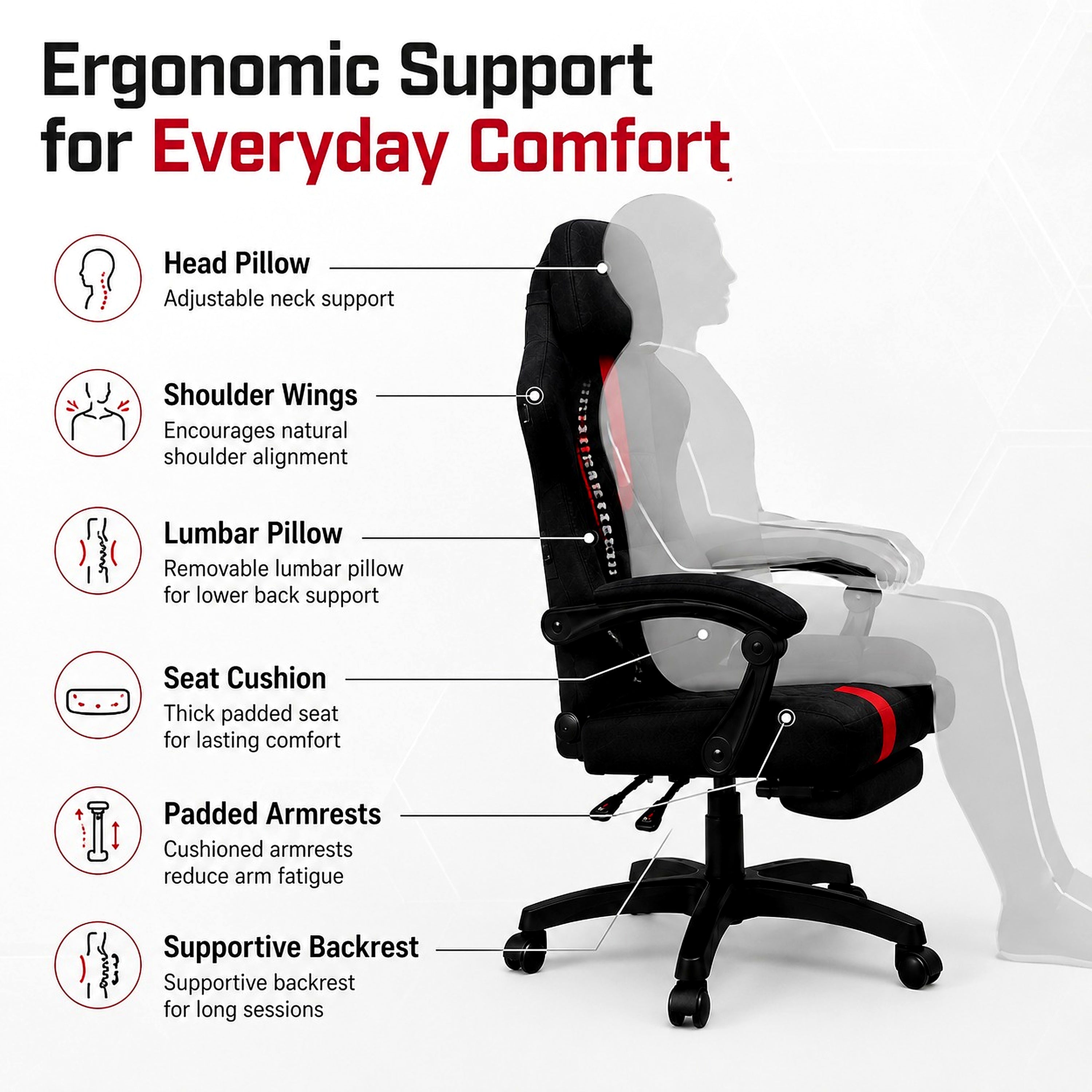 ARTIC Gaming Chair with Footrest (Black) — Racing Style, Breathable Fabric, Lumbar & Neck Pillow