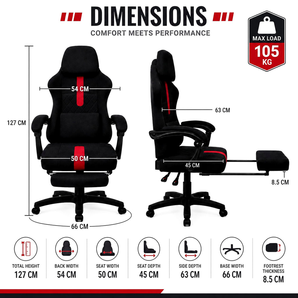 ARTIC Gaming Chair with Footrest (Black) — Racing Style, Breathable Fabric, Lumbar & Neck Pillow