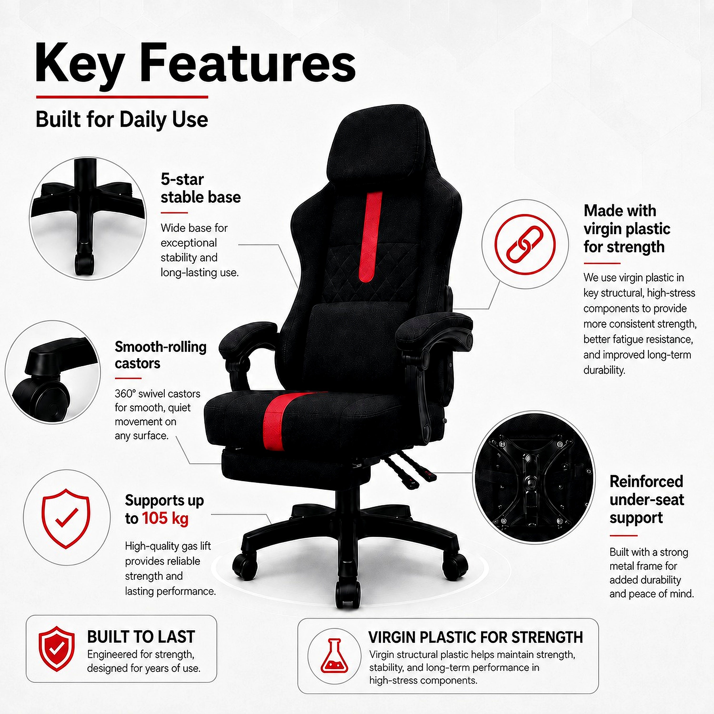 ARTIC Gaming Chair with Footrest (Black) — Racing Style, Breathable Fabric, Lumbar & Neck Pillow