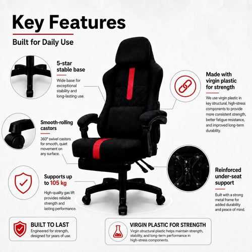 ARTIC Gaming Chair with Footrest (Black) — Racing Style, Breathable Fabric, Lumbar & Neck Pillow