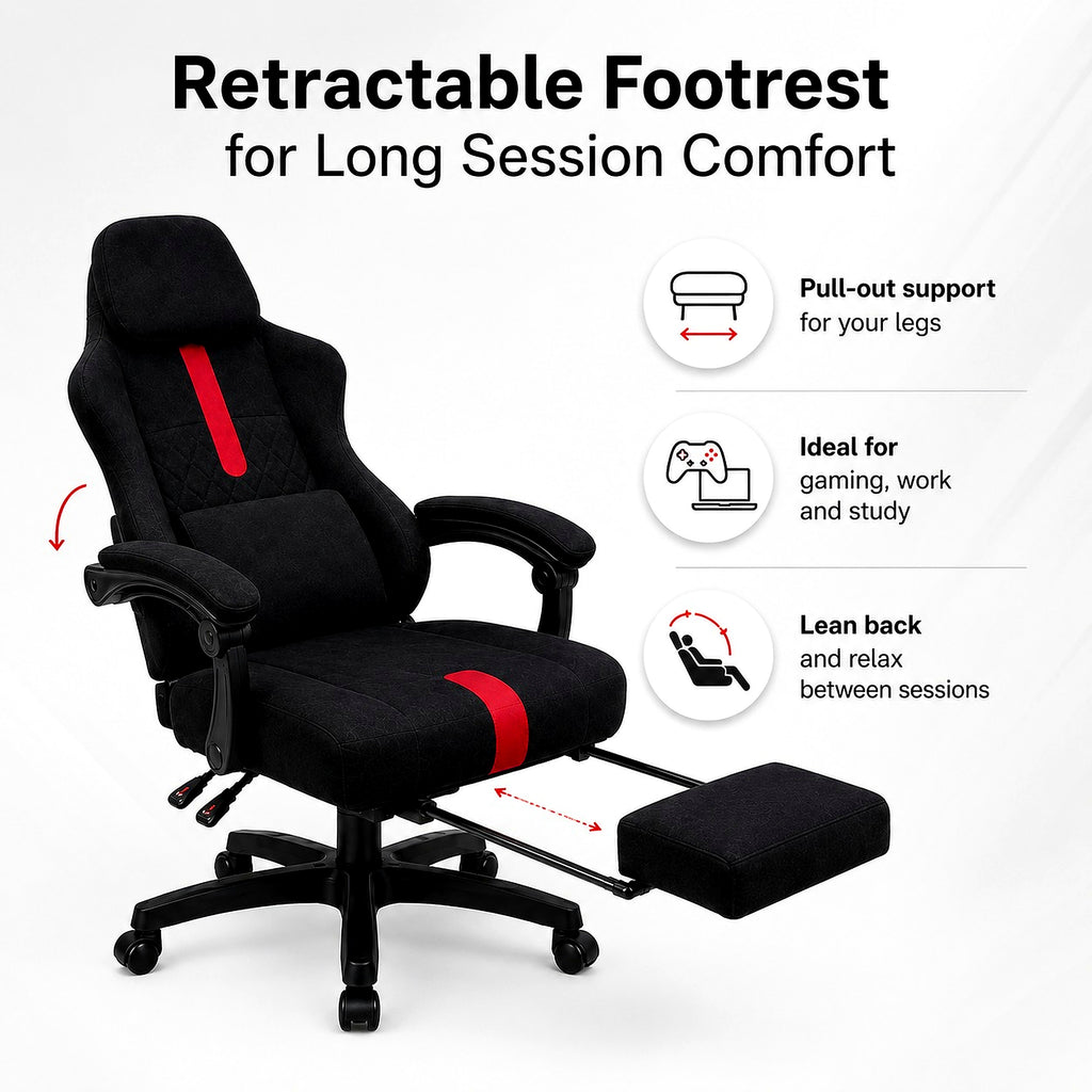 ARTIC Gaming Chair with Footrest (Black) — Racing Style, Breathable Fabric, Lumbar & Neck Pillow