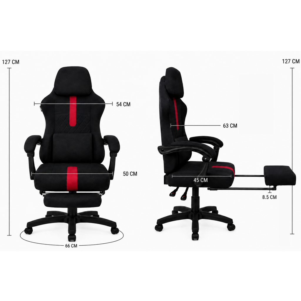 ARTIC gaming chair dimensions diagram showing 127cm total height and 66cm base width