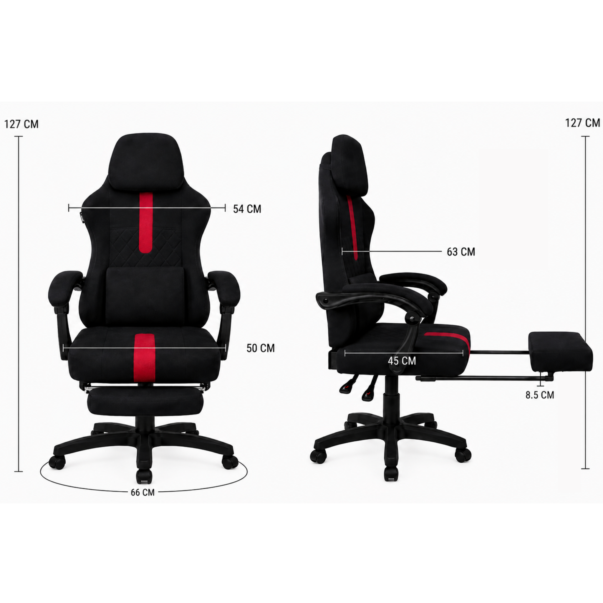 ARTIC gaming chair dimensions diagram showing 127cm total height and 66cm base width