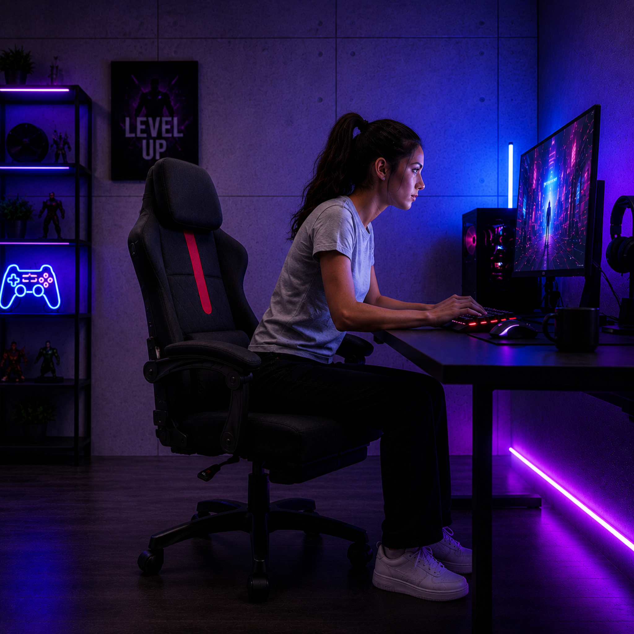 Woman sitting in ARTIC black gaming chair at desk with purple RGB lighting