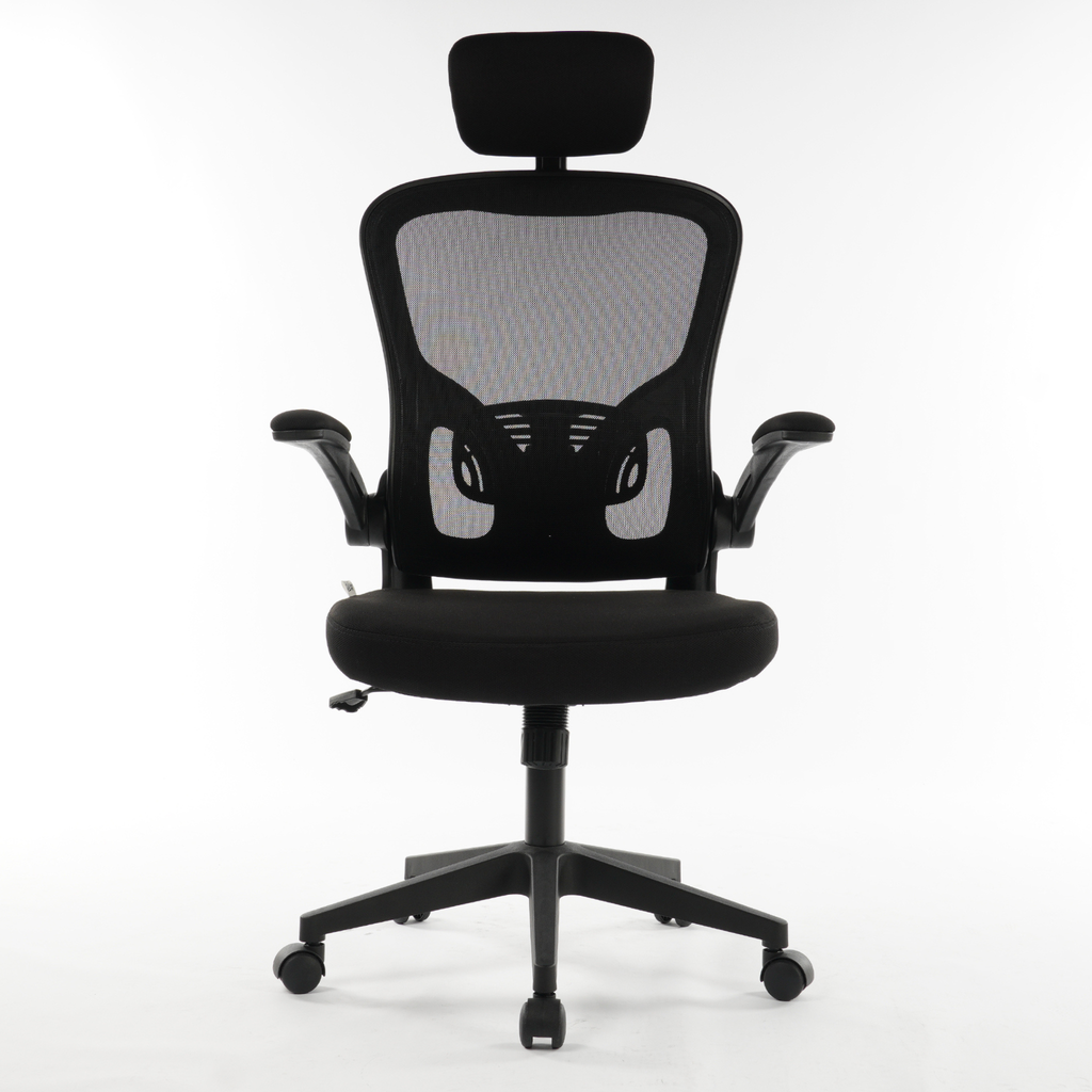 ARTIC high-back black mesh office chair with adjustable headrest and flip-up armrests front view