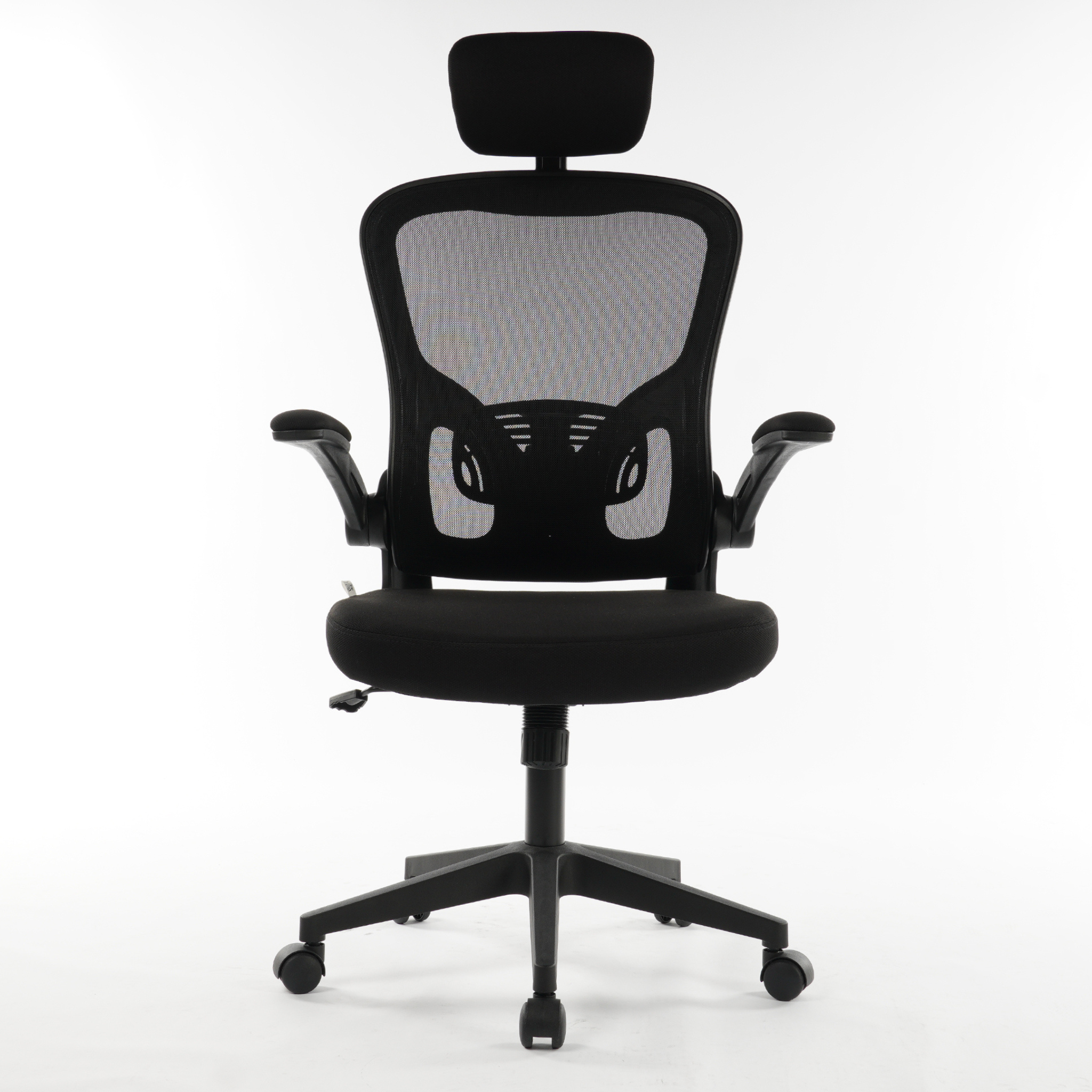 ARTIC high-back black mesh office chair with adjustable headrest and flip-up armrests front view