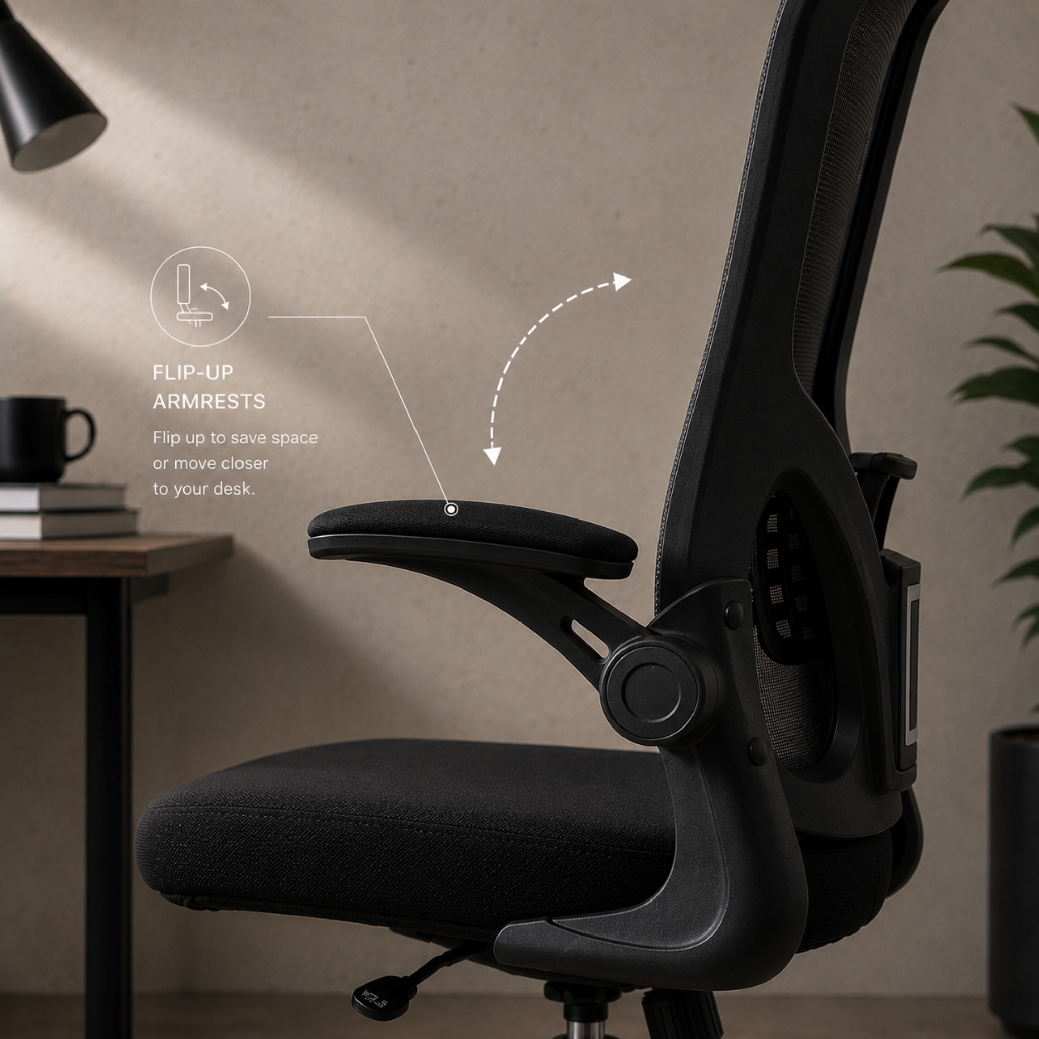 ARTIC office chair flip-up armrest detail showing folding mechanism for desk clearance