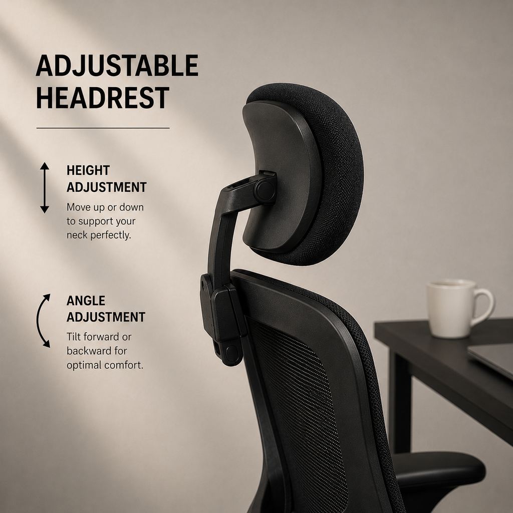 Black office chair with adjustable headrest in a minimalistic office setting