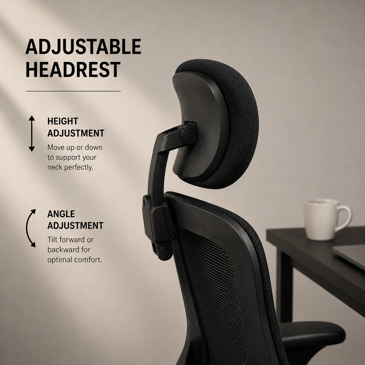 Black office chair with adjustable headrest in a minimalistic office setting