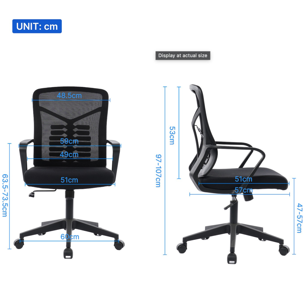 ARTIC mid-back mesh office chair dimensions showing 97cm to 107cm height and 60cm base width
