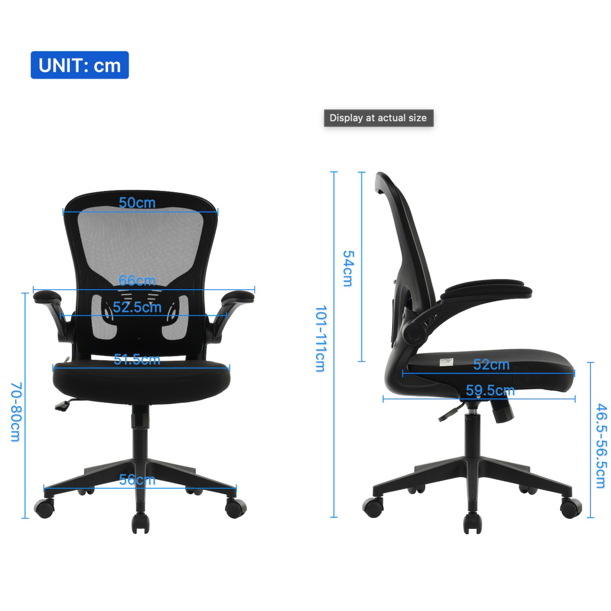 ARTIC mid-back mesh office chair with flip armrests dimensions showing 101cm to 111cm height and 56cm base