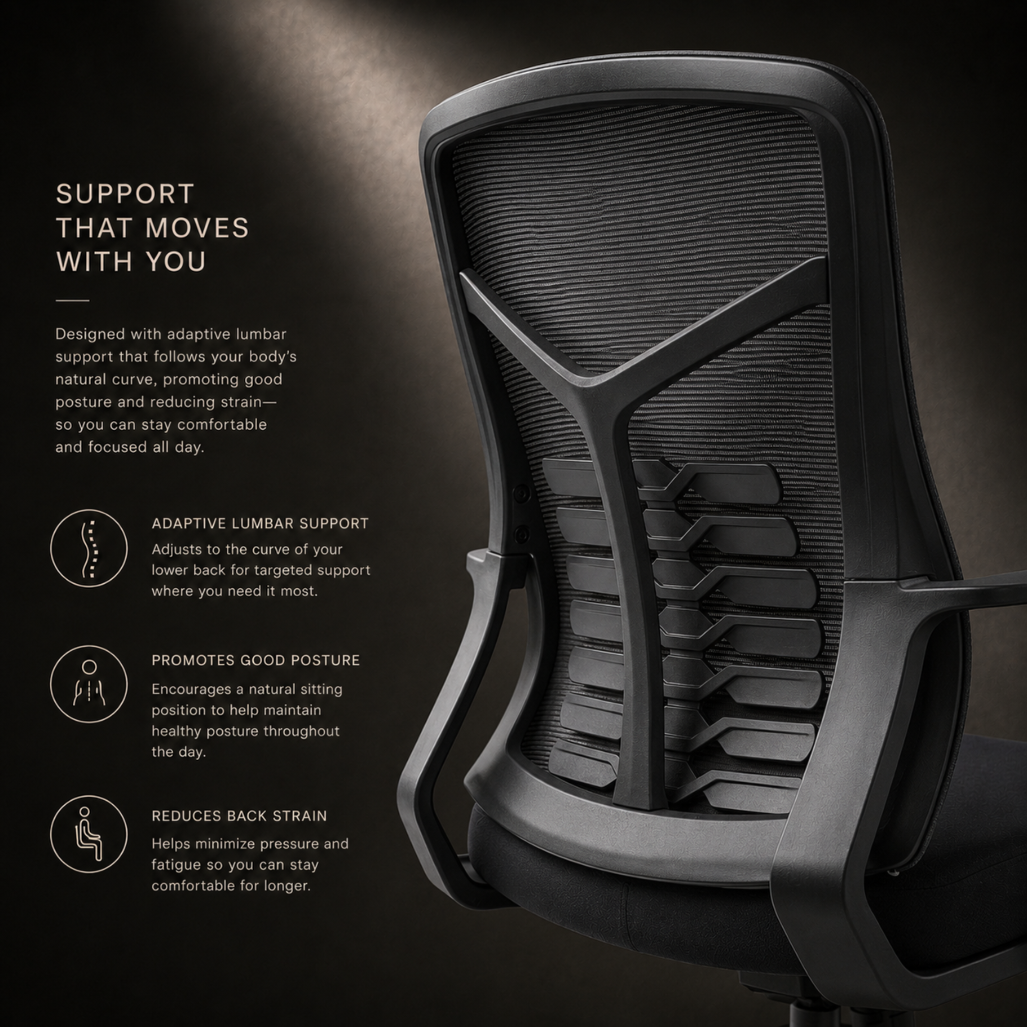 ARTIC office chair adaptive lumbar support detail showing spine alignment and back support zones