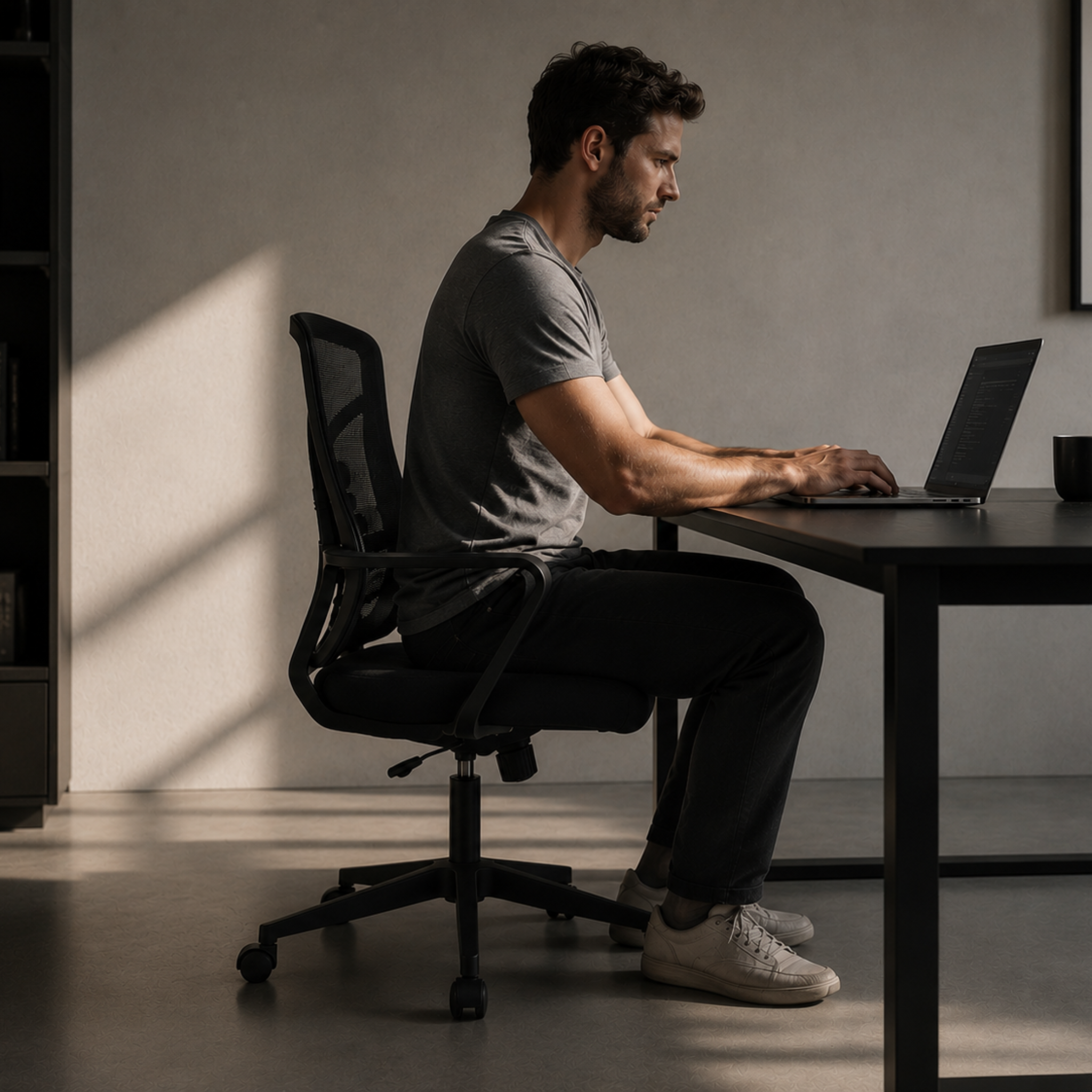 Man sitting upright in ARTIC black mesh office chair working on laptop at dark desk