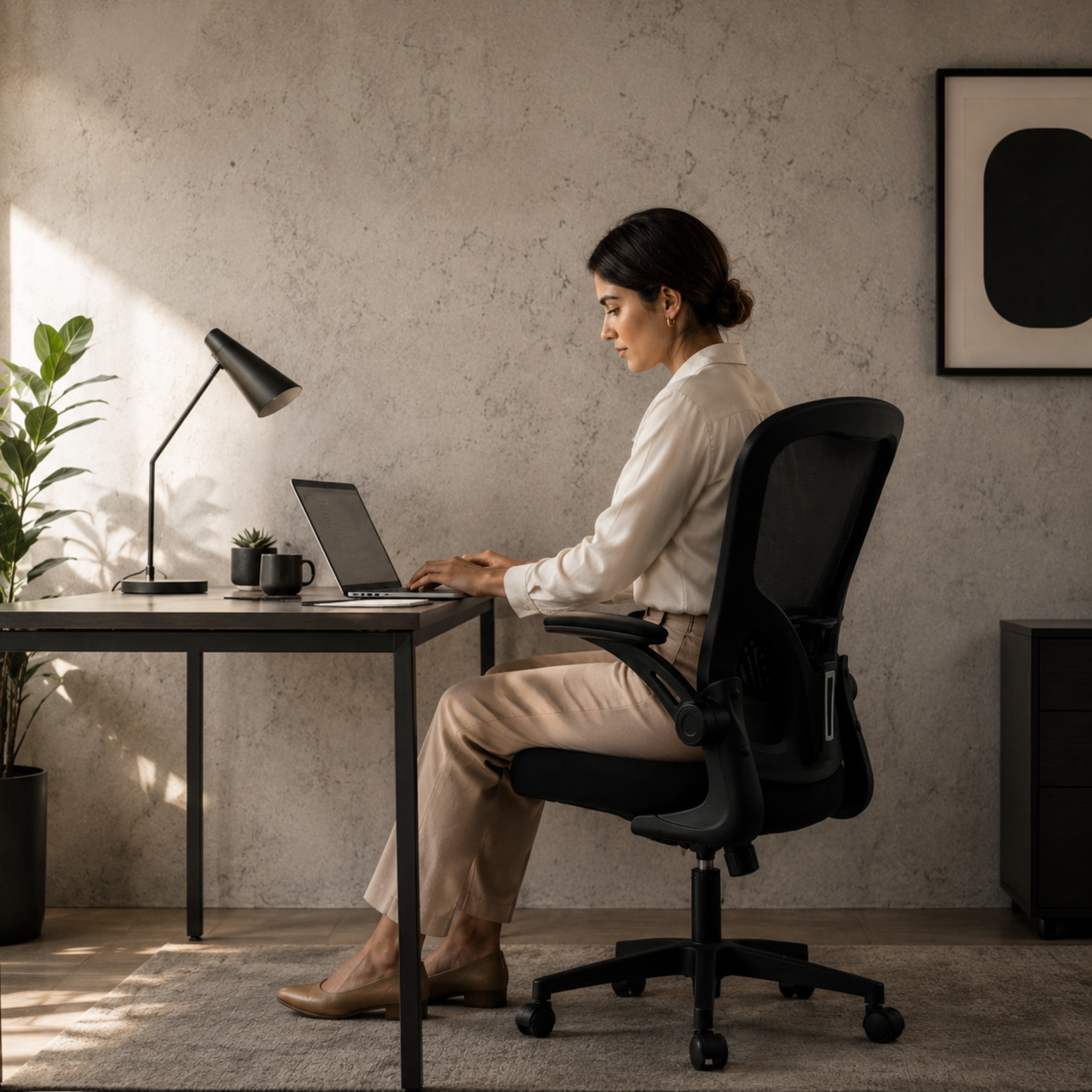 Woman sitting in ARTIC black mesh office chair working on laptop in bright minimalist home office