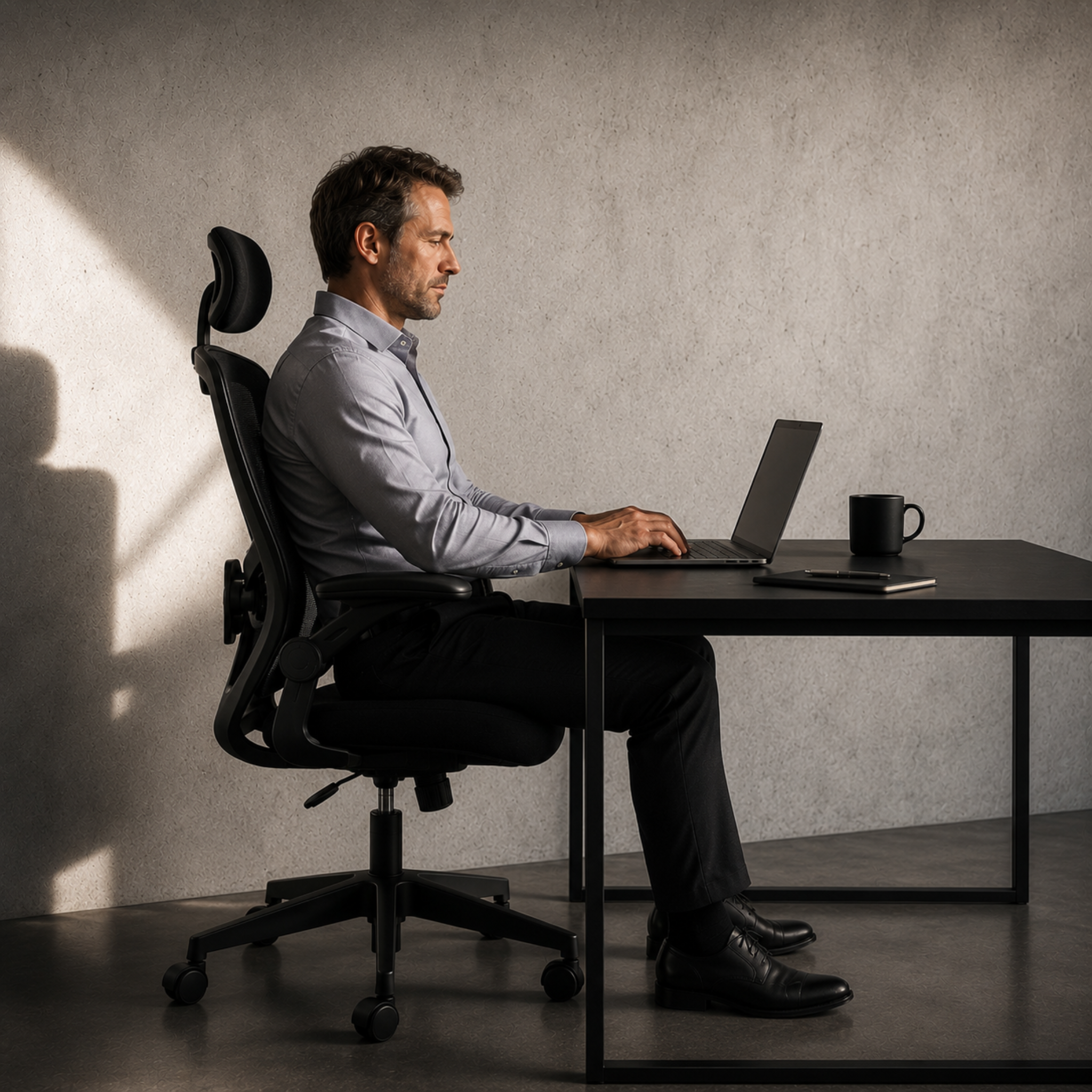 Man sitting in ARTIC high-back mesh office chair with headrest working at desk in minimalist office
