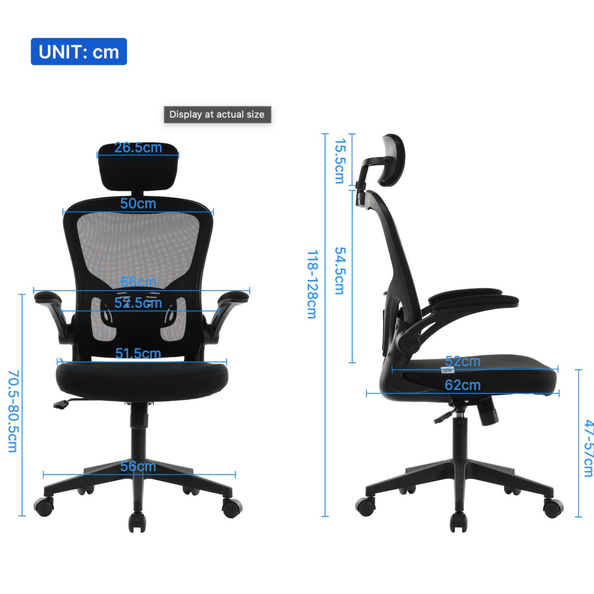 Black office chair with measurements indicated on a white background