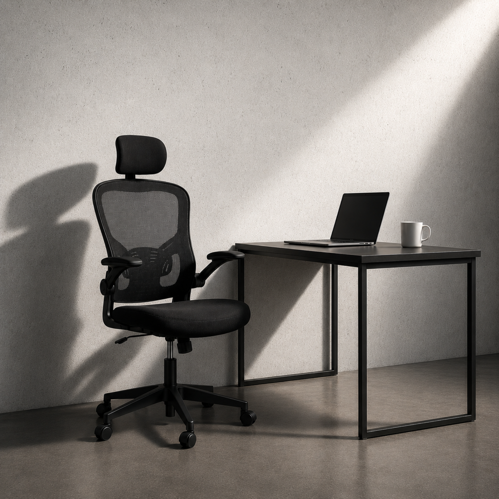 ARTIC high-back black mesh office chair with headrest beside black desk with laptop in concrete office
