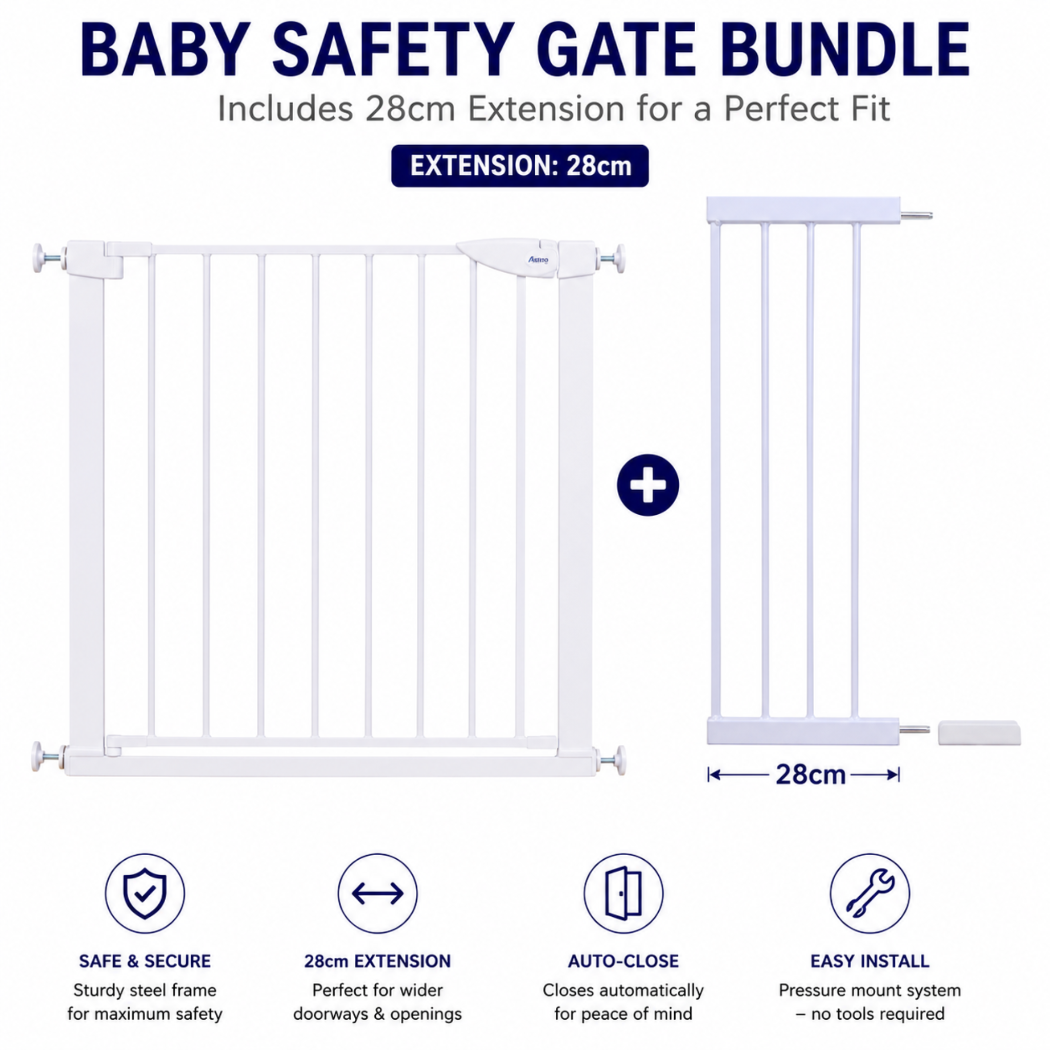 ARTIC Baby Safety Gate — Pressure Fit Stair Gate 75–82cm, No Drill, Auto-Close